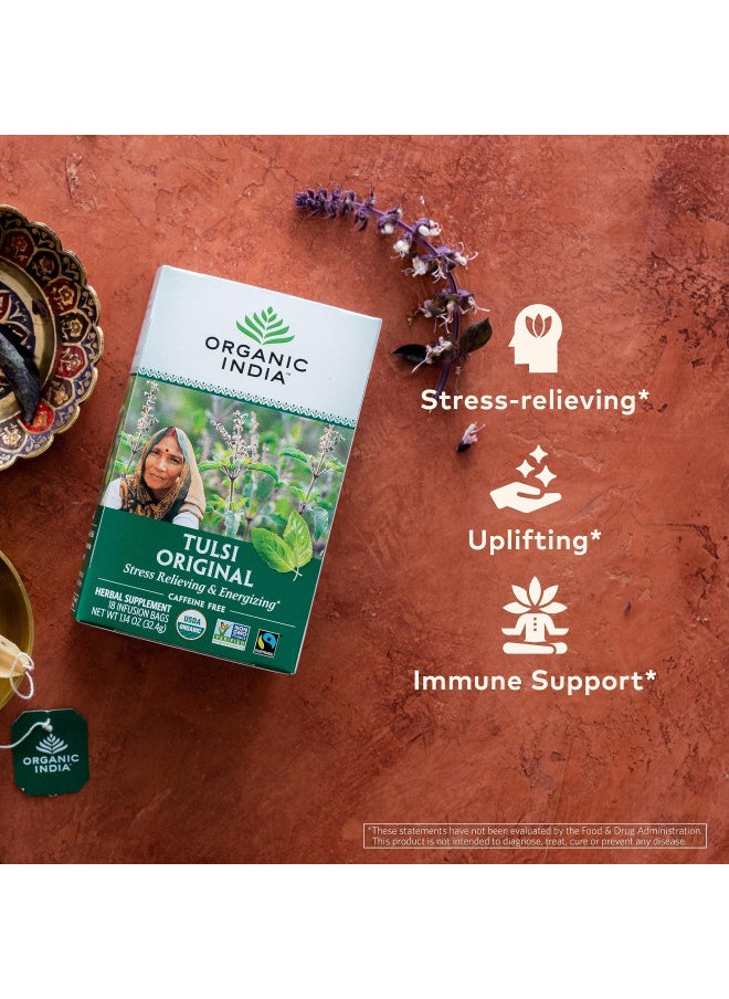 Organic India Tulsi Original Herbal Tea - Holy Basil, Stress Relieving & Energizing, Immune Support, Adaptogen, Vegan, USDA Certified Organic, Non-GMO, Caffeine-Free - 18 Infusion Bags, 2 Pack