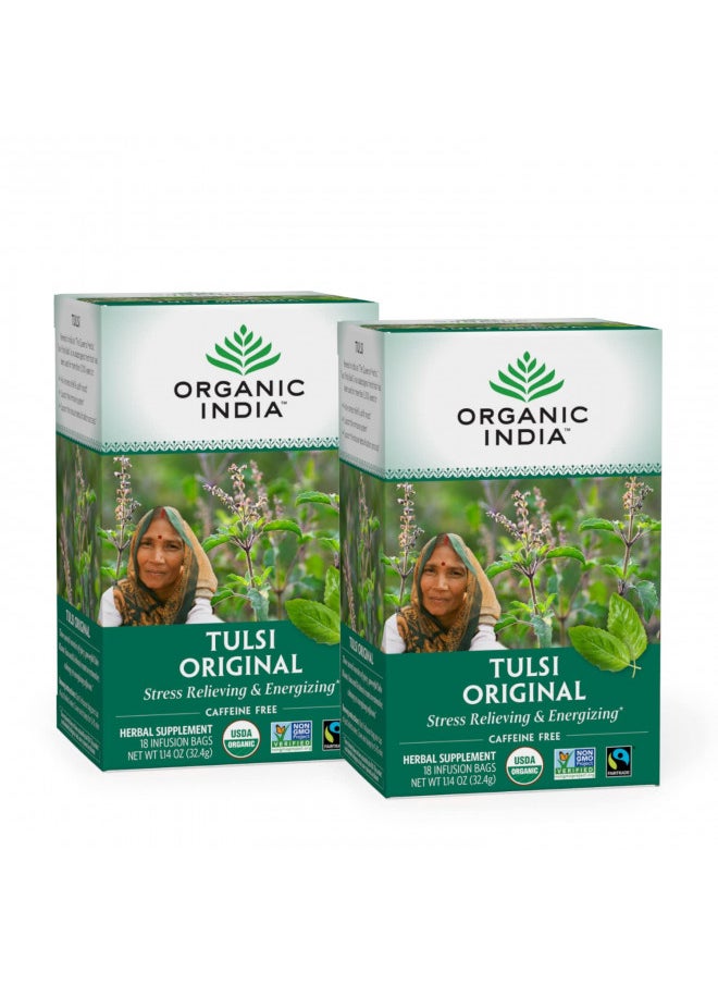 Organic India Tulsi Original Herbal Tea - Holy Basil, Stress Relieving & Energizing, Immune Support, Adaptogen, Vegan, USDA Certified Organic, Non-GMO, Caffeine-Free - 18 Infusion Bags, 2 Pack