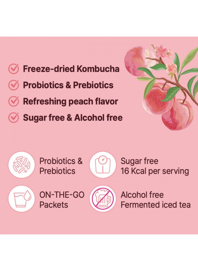 Garden Kombucha Tea, Powder 5g x 20 Sachets (100g/3.52oz) Probiotics, Prebiotics, Sugar Free, Black Tea, Healthy Drink with Bottle (FREE BOTTLE SHAKER) (Peach)