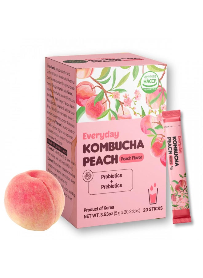 Garden Kombucha Tea, Powder 5g x 20 Sachets (100g/3.52oz) Probiotics, Prebiotics, Sugar Free, Black Tea, Healthy Drink with Bottle (FREE BOTTLE SHAKER) (Peach)