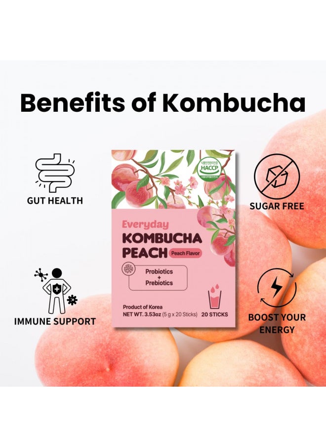 Garden Kombucha Tea, Powder 5g x 20 Sachets (100g/3.52oz) Probiotics, Prebiotics, Sugar Free, Black Tea, Healthy Drink with Bottle (FREE BOTTLE SHAKER) (Peach)