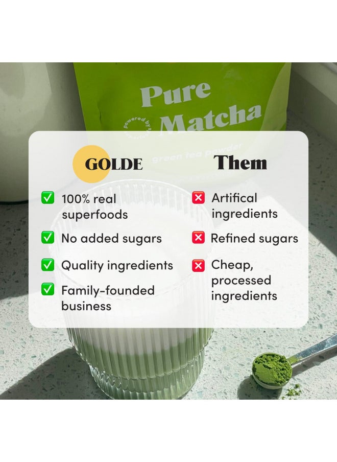 Golde Pure Matcha | 100% Pure Japanese Ceremonial Grade Matcha Powder | Green Tea Superfood with L-Theanine & Antioxidants (100g Pouch)