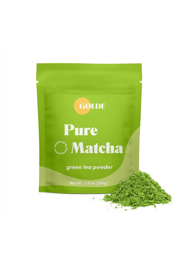 Golde Pure Matcha | 100% Pure Japanese Ceremonial Grade Matcha Powder | Green Tea Superfood with L-Theanine & Antioxidants (100g Pouch)