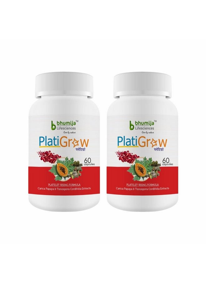 Platigrow 500 Mg 60 Capsules, Improves Platelet Count, Carica Papaya & Giloy Tulsi Extracts (Pack Of 2)