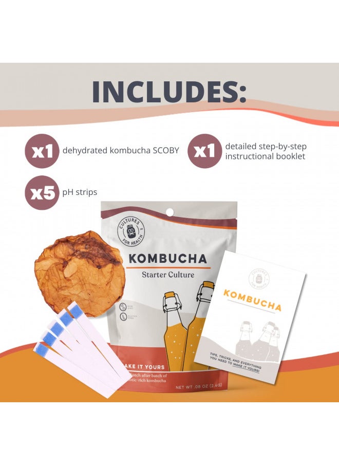 Cultures for Health Dehydrated SCOBY Kombucha Starter | DIY Fizzy Fermented Tea Probiotic Drink | Heirloom Culture Makes Limitless Batches | Dairy Free Gluten Free Vegan Superfood | pH Strips Included