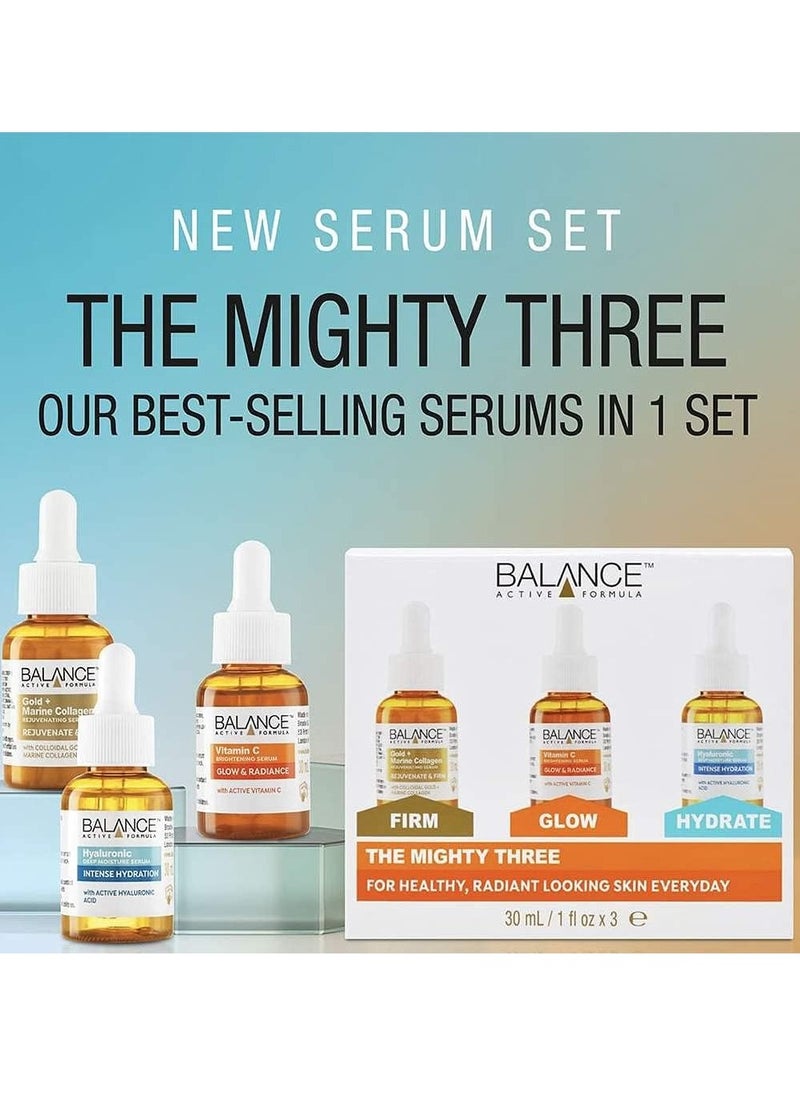 The Mighty Three 3 each 30ml Breakthrough Active Ingredients Visible Results Three Targeted Serums That You Can Layer Together Or Use Individually