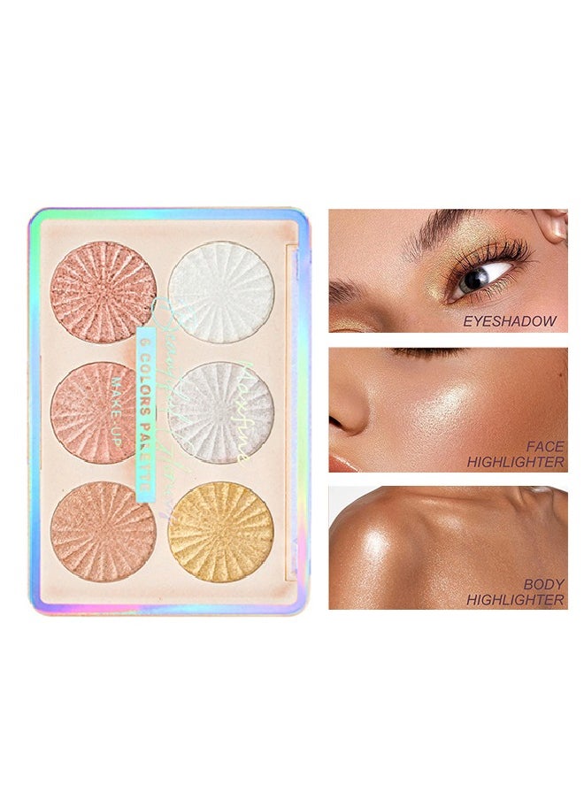 6 colors palette,Highlighte Disc Makeup for Face,Eye,Cheek and Body, Highly Pigmented Eyeshadow,Makeup, Metallic Glitter Shimmer Bronzer, Pearl White, Pink, Champagn #G01