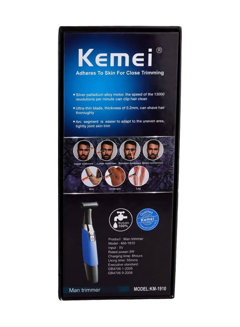 KM-1910 Professional Waterproof USB Rechargeable Body And Beard Trimmer And Hair Remover For Eyebrows, Facial Hair For Men And Women, Blue Color (Saudi Version)