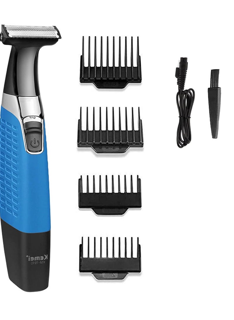 KM-1910 Professional Waterproof USB Rechargeable Body And Beard Trimmer And Hair Remover For Eyebrows, Facial Hair For Men And Women, Blue Color (Saudi Version)