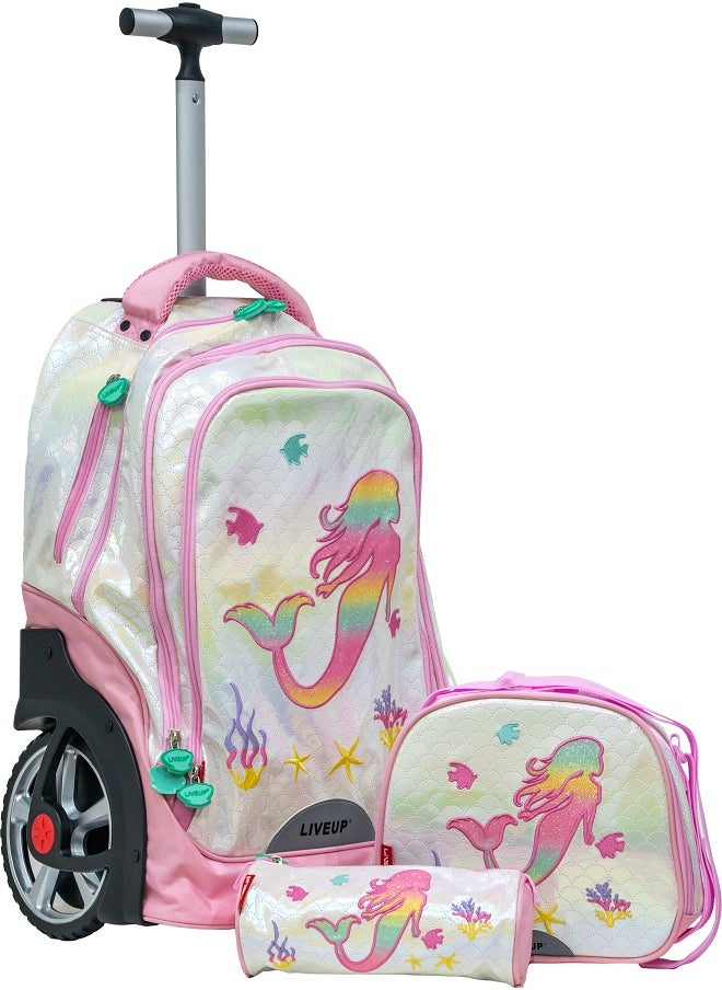 LIVE UP Pink Mermaid Kids Trolley School Bag With Lunch Bag And Pencil Case (52*34*22)