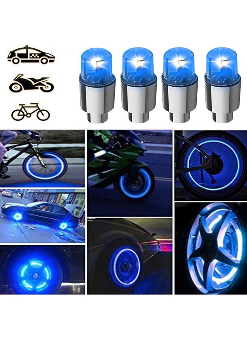 Bicycle Wheel Light, Blue LED Tire Valve Stem Neon Light Bulb Waterproof Tire Light Valve Light Spoke Flash for Cars, Motorcycles, Bicycles and Other Valve Cover Accessories (4 Pieces)