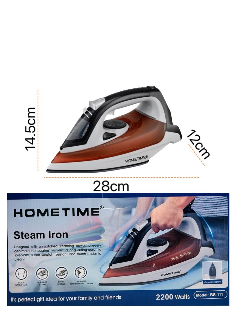 HOMETIME 2200W Steam Iron,Ceramic Coated Sole plate,1 Years Warranty.111-B (Brown)