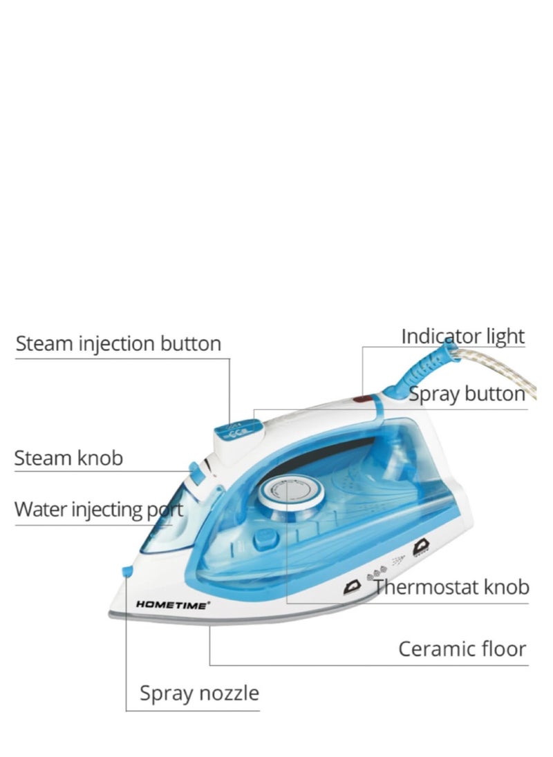 HOMETIME 2200W Steam Iron,Ceramic Coated Sole plate,1 Years Warranty.2077-G (Green)