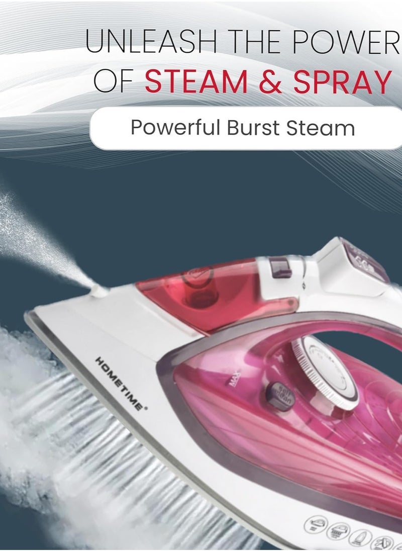 HOMETIME 2200W Steam Iron,Ceramic Coated Sole plate,1 Years Warranty.112BS-R (Rosy)