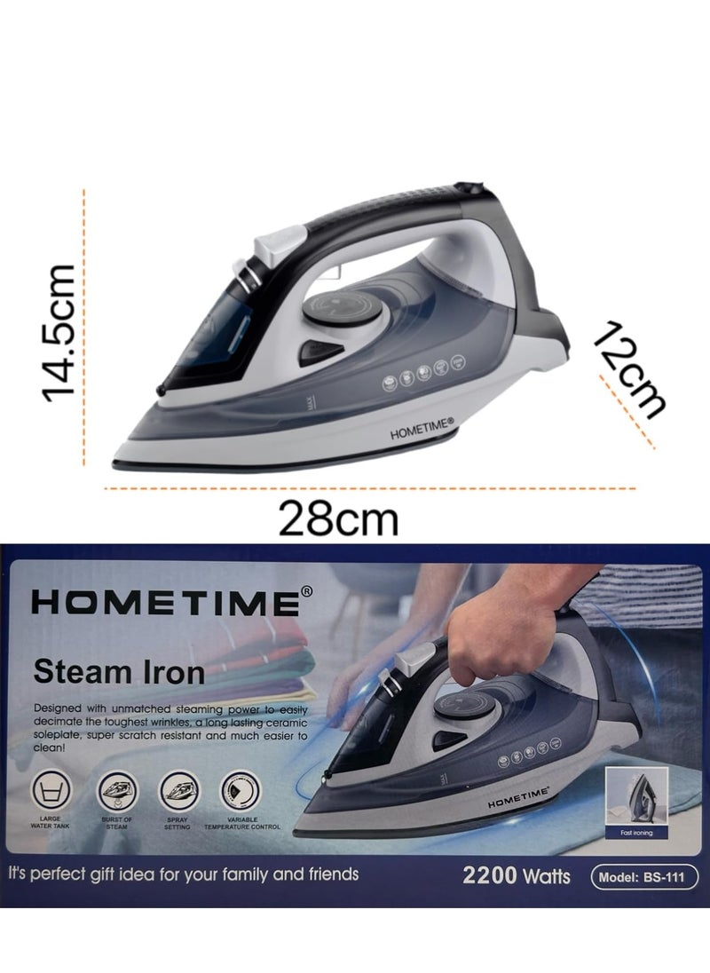 Wtrtr HOMETIME 2200W Steam Iron,Ceramic Coated Sole plate,1 Years Warranty.111-G (Grey)