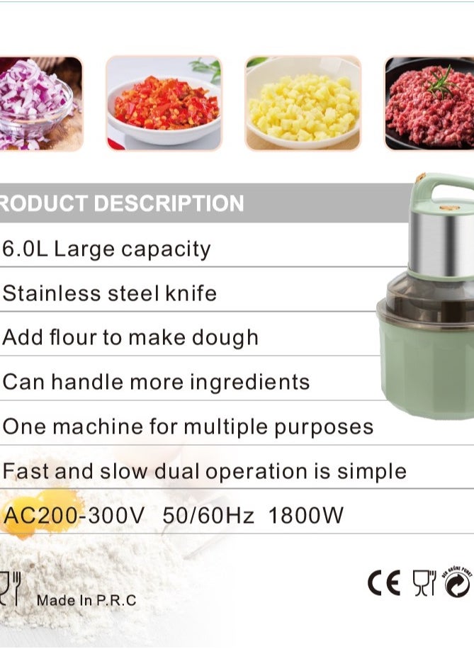 6L Stainless Steel Multifunctional Dual Speed Regulation Double Layer Four Blade Knife Cooking Machine, Household Meat Grinder, Meat Shredder,1800W