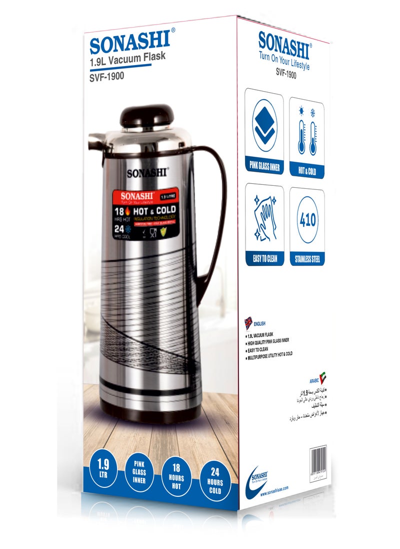 1.9L Vacuum Flask for Hot & Cold Beverages | Portable Thermos for Keeping Hot/Cold 18 & 24 Hours Retention | Easy to Clean | Ideal for Outings | Thermos/Vacuum Flask SVF-1900