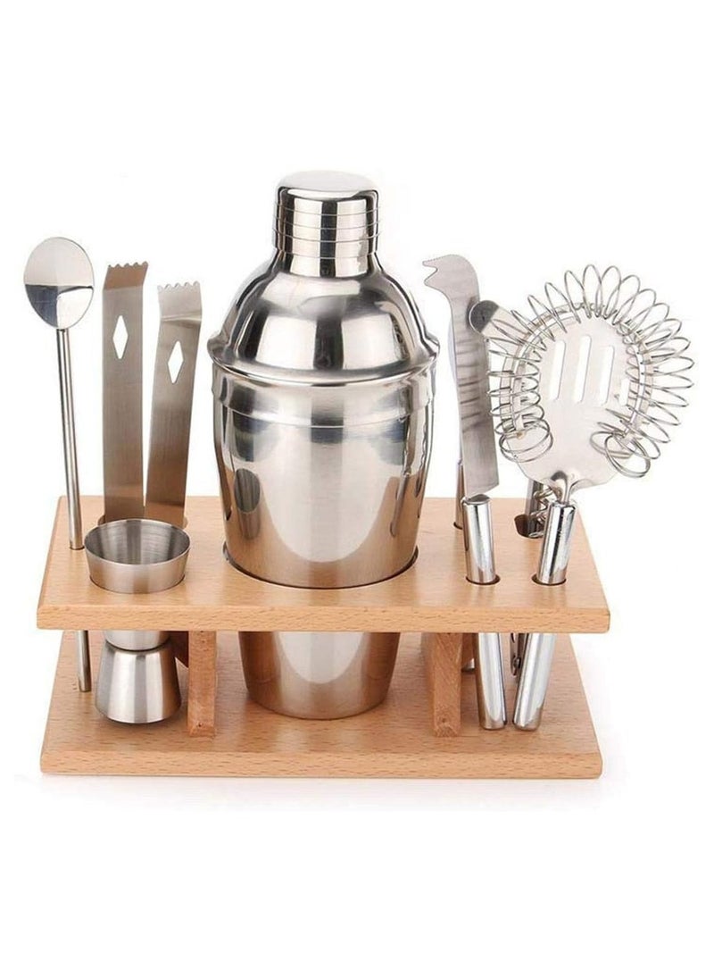 9Pcs Cocktail Shaker Set With Stand Stainless Steel Bartender Set with Bamboo Base Kitchen Accessories Cocktail Bar Tool Set 350ml