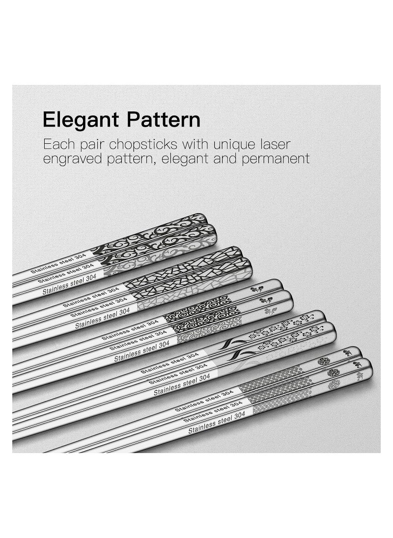 Metal Chopsticks Reusable 18/8 Stainless Steel Chopsticks Multipack Dishwasher Safe Chop Sticks Cute Laser Engraved Non-slip Japanese Korean Chopstick for Cooking Eating 9 1/4 Inches 5 Pairs Gift Set