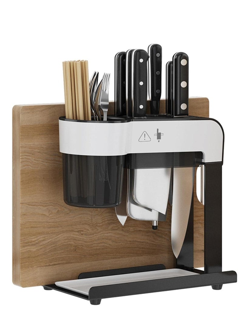 Modern Black and White Knife Storage and Cutting Board Stand with Utensil Holder – Compact, Safe, and Stylish Kitchen Organization on Natural Wood Base