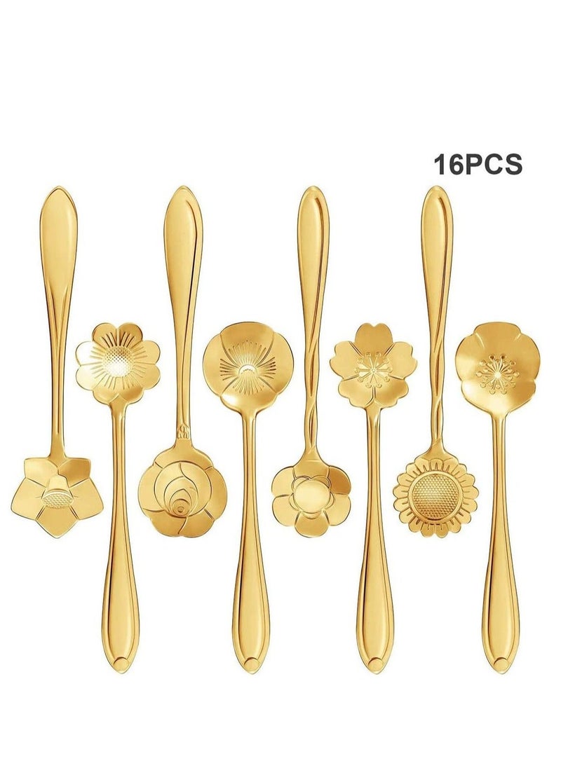 Stainless Steel Gold Leaf Coffee Spoon 16 Pcs Creative Tableware Dessert Spoons, Stirring, Mixing, Sugar, Stir, Ice Cream, Cake, Teaspoon Set (Gold-16Spoon)