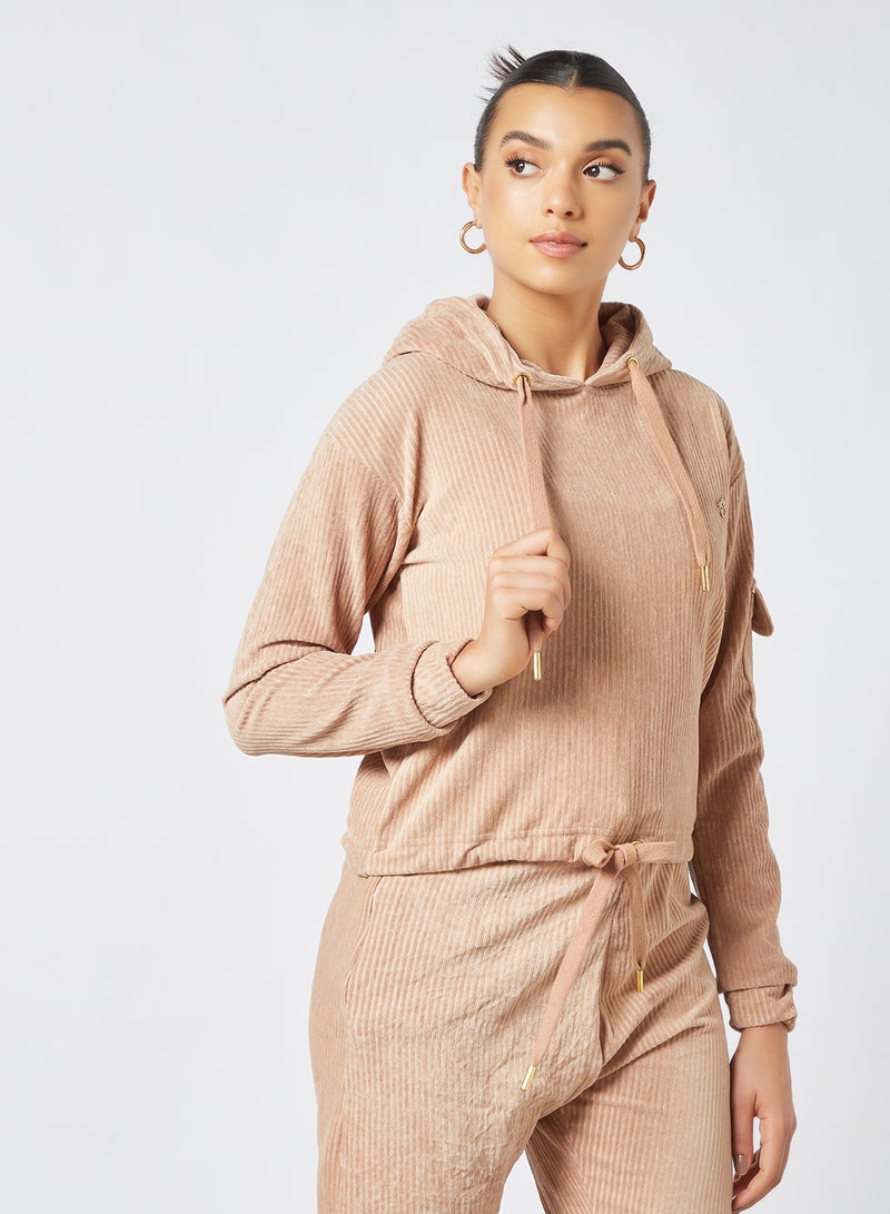 Tie Hem Ribbed Hoodie Beige