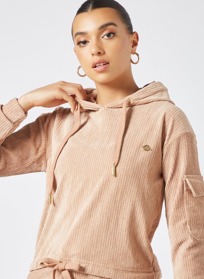 Tie Hem Ribbed Hoodie Beige