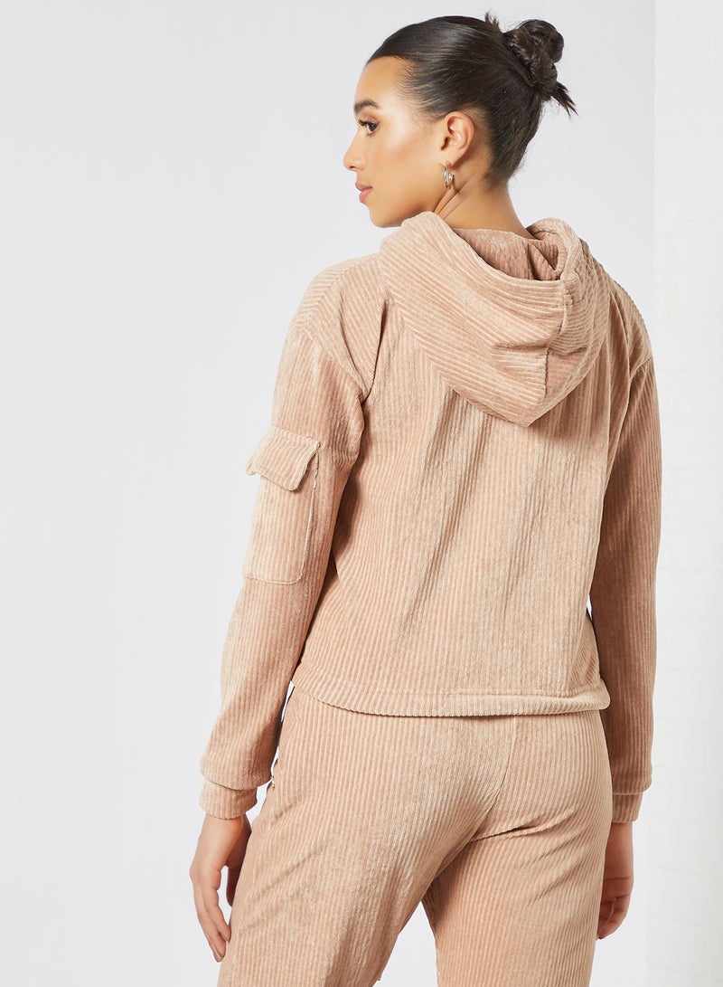 Tie Hem Ribbed Hoodie Beige