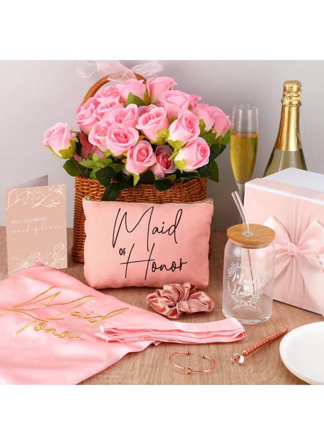 Irenare 8 Pcs Maid of Honor Proposal Gifts Set Robes Makeup Bag Cup Cards Hair Tie Bracelet Diamond Pen Bridesmaid Gift Box