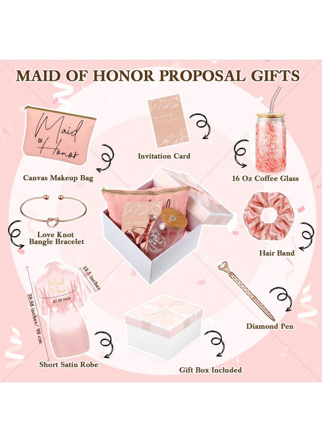 Irenare 8 Pcs Maid of Honor Proposal Gifts Set Robes Makeup Bag Cup Cards Hair Tie Bracelet Diamond Pen Bridesmaid Gift Box