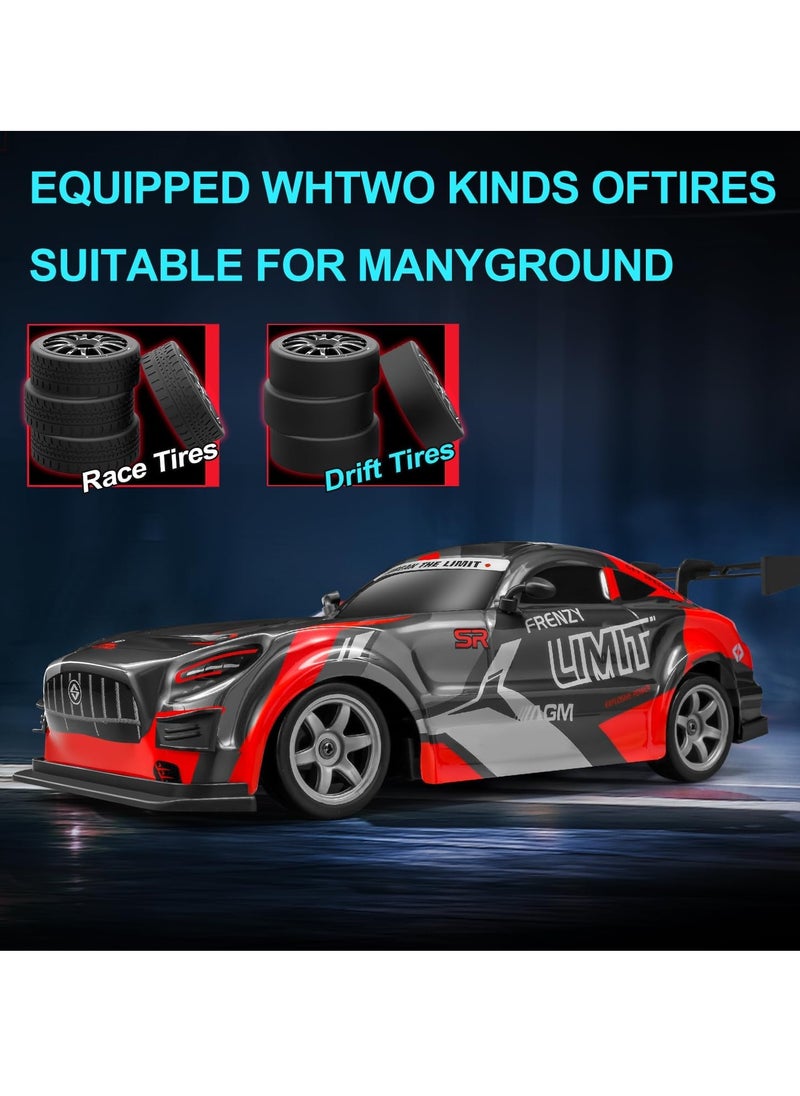 1:16 Scale RC Drift Car 4WD, 25KM/H High-Speed Remote Control Car with LED Lights, Rechargeable Battery, & Extra Tires – Ultimate Drift RC Car for Kids & Adults, Full Throttle Control for Night Racing Fun