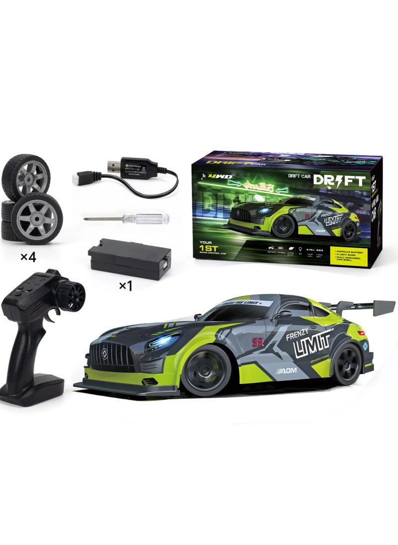 1:16 Scale RC Drift Car 4WD, 25KM/H High-Speed Remote Control Car with LED Lights, Rechargeable Battery, & Extra Tires – Ultimate Drift RC Car for Kids & Adults, Full Throttle Control for Night Racing Fun