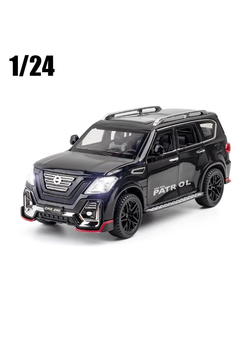 1:24 Diecast Model Alloy Nissan Patrol Metal Pull Back Car with Sound Light, 6 Openable Doors Toy Vehicles for Kids Gift (BLACK)