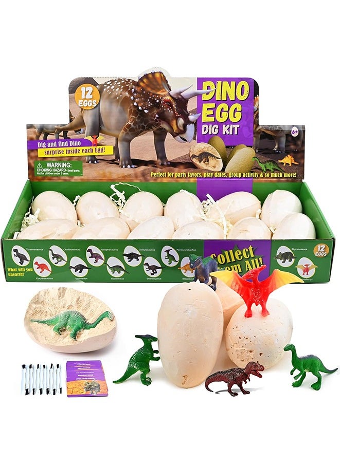 Dino Eggs Dig Kit, 12 Unique Fossil Eggs and Discover Dinosaur Excavation Tools Science STEM Digging Toy Gift Present for Boys Girls Age 6-12 Birthday Party, Playdates.