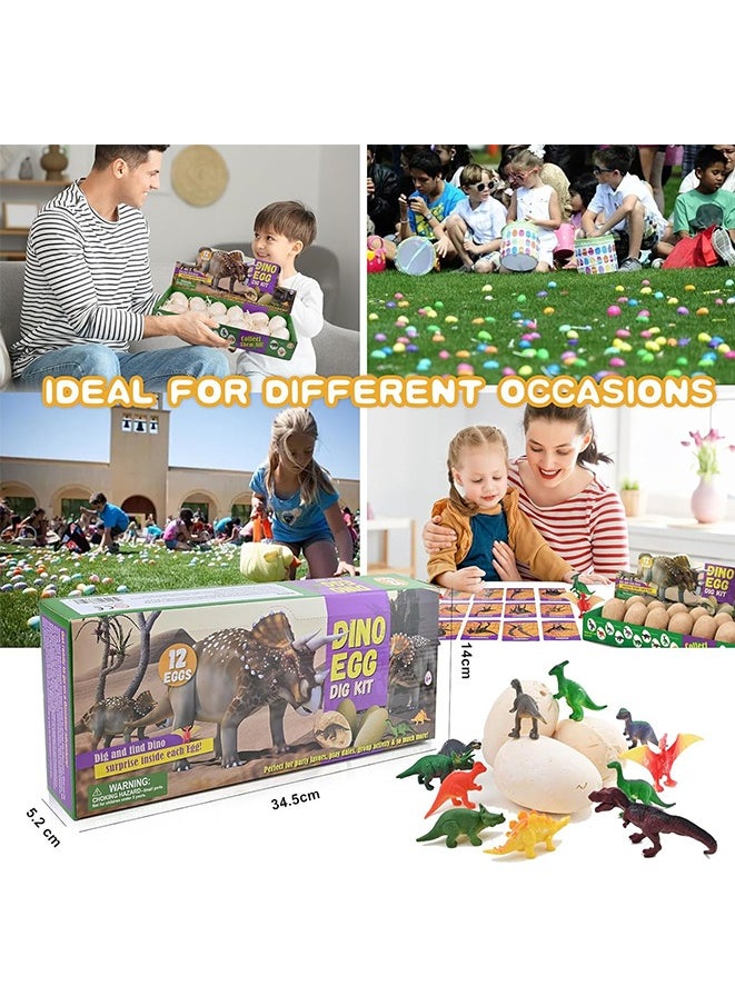 Dino Eggs Dig Kit, 12 Unique Fossil Eggs and Discover Dinosaur Excavation Tools Science STEM Digging Toy Gift Present for Boys Girls Age 6-12 Birthday Party, Playdates.