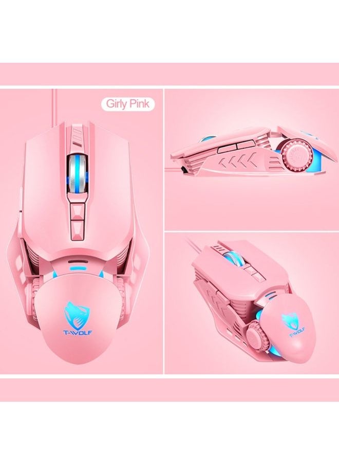 T-WOLF G530 USB Interface 7-Buttons 6400 DPI Wired Mouse Mechanical Gaming Macro Definition 4-Color Breathing Light Gaming Mouse, Cable Length: 1.5m( Pink)