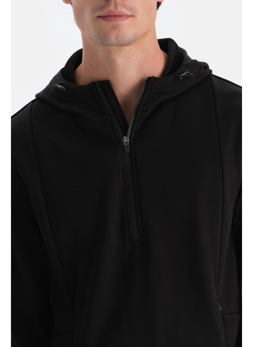 Black Men's Zipper Collar Hooded Thermal Sweatshirt