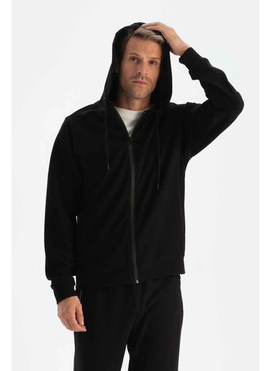 Black Men's Hooded Zippered Sweatshirt