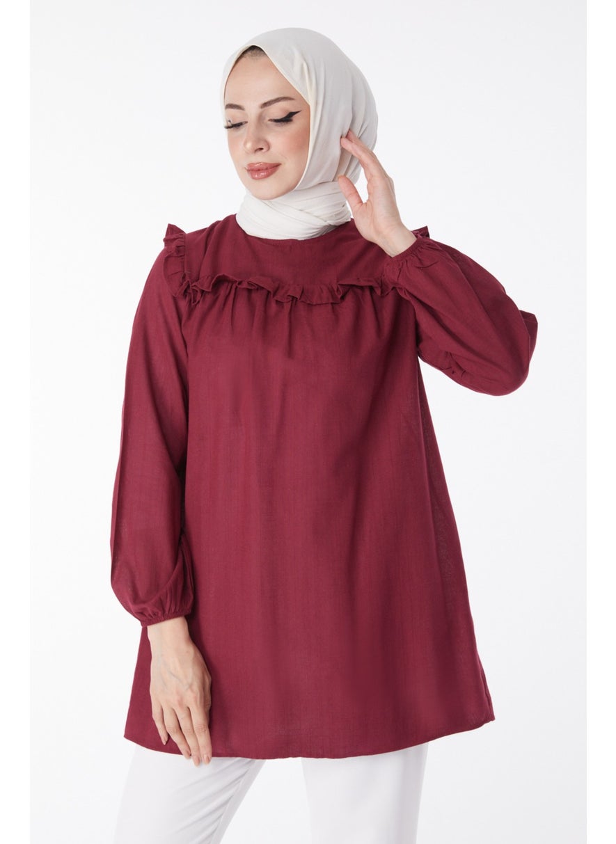 Plain Crew Neck Women's Burgundy Ruffle Detail Tunic - 13142