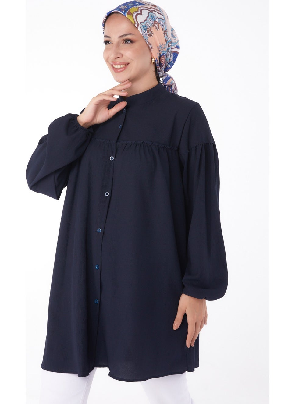 Plain Judge Collar Women's Navy Blue Gathered Shirt - 13136