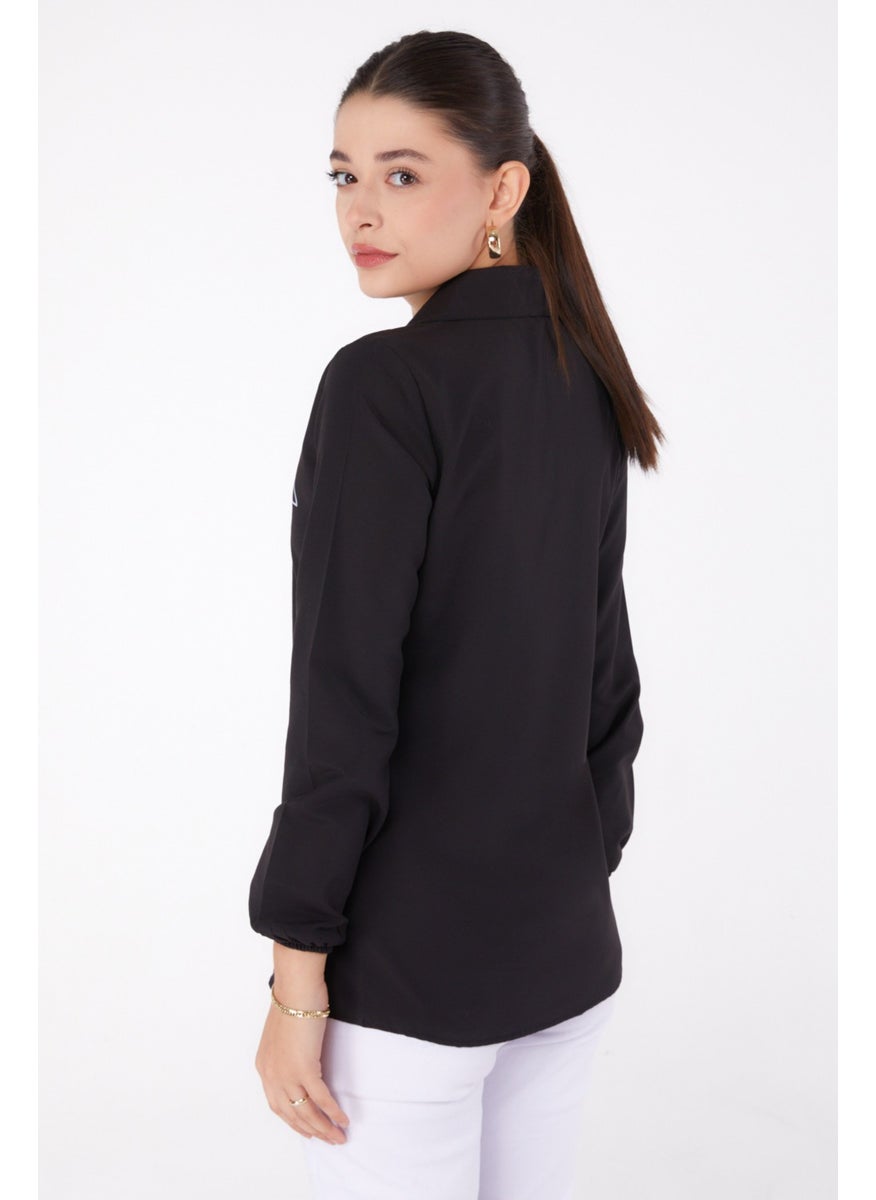 Plain Shirt Collar Women's Black Printed Shirt - 13344