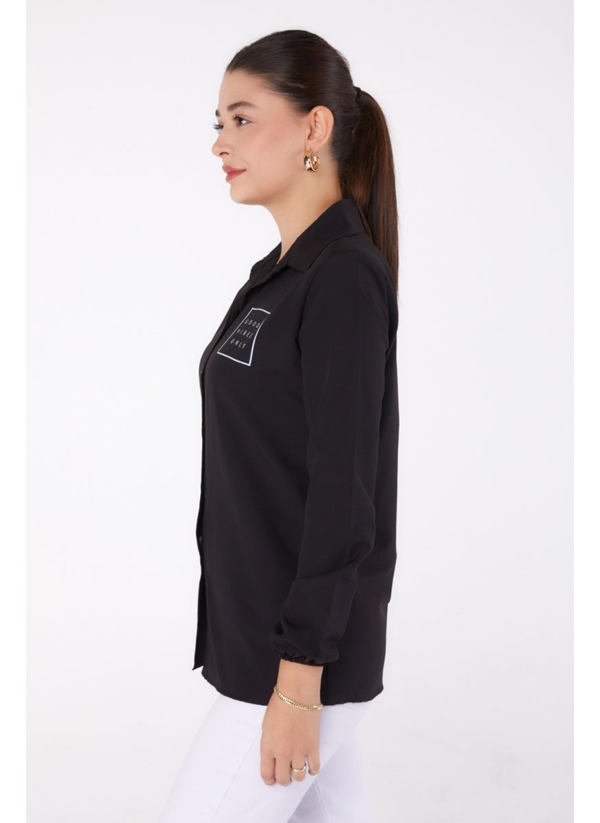 Plain Shirt Collar Women's Black Printed Shirt - 13344