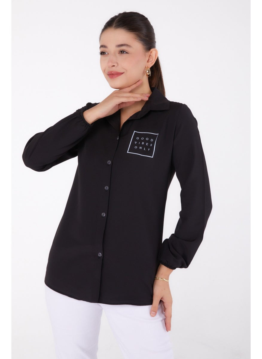 Plain Shirt Collar Women's Black Printed Shirt - 13344