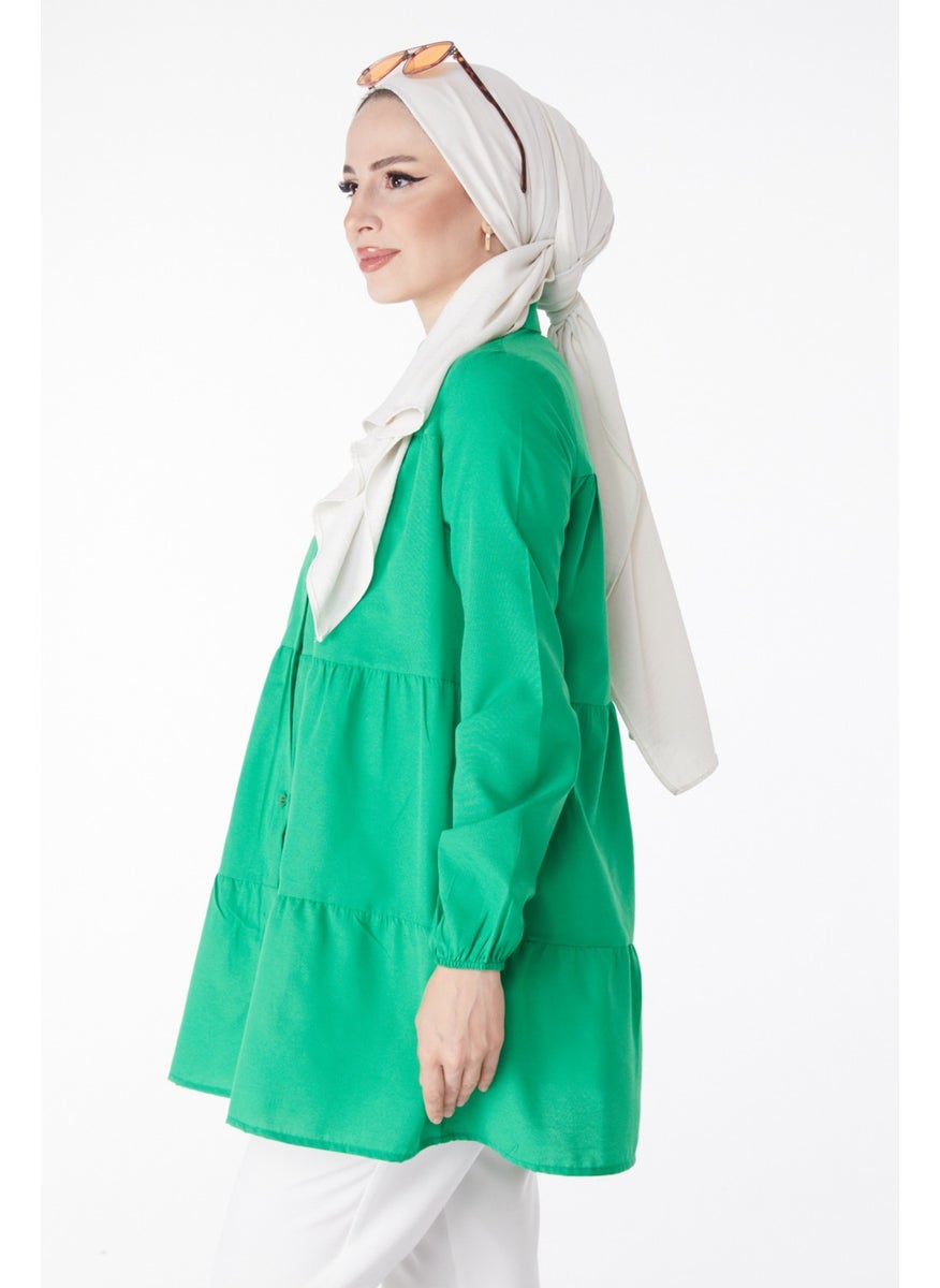 Plain Shirt Collar Women's Green Gathered Tunic 13177