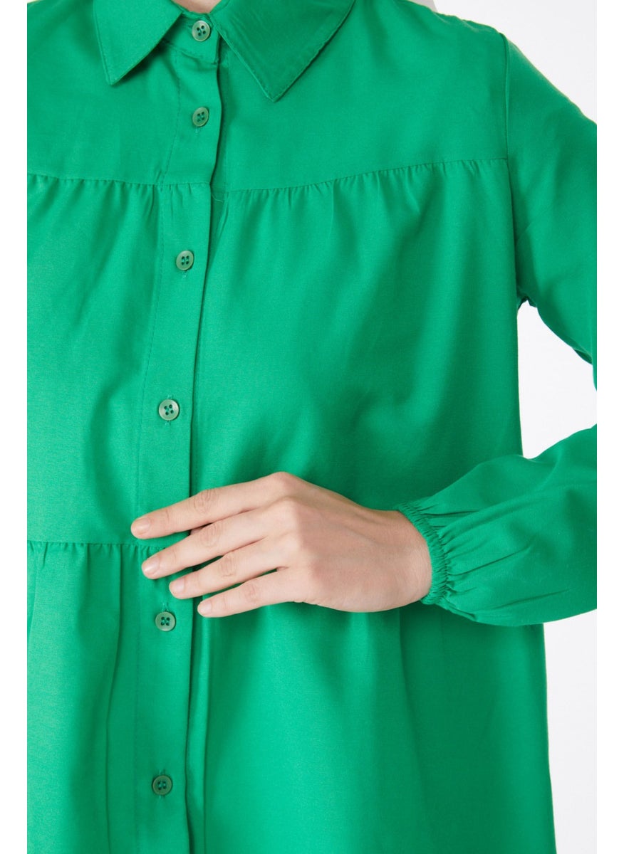 Plain Shirt Collar Women's Green Gathered Tunic 13177