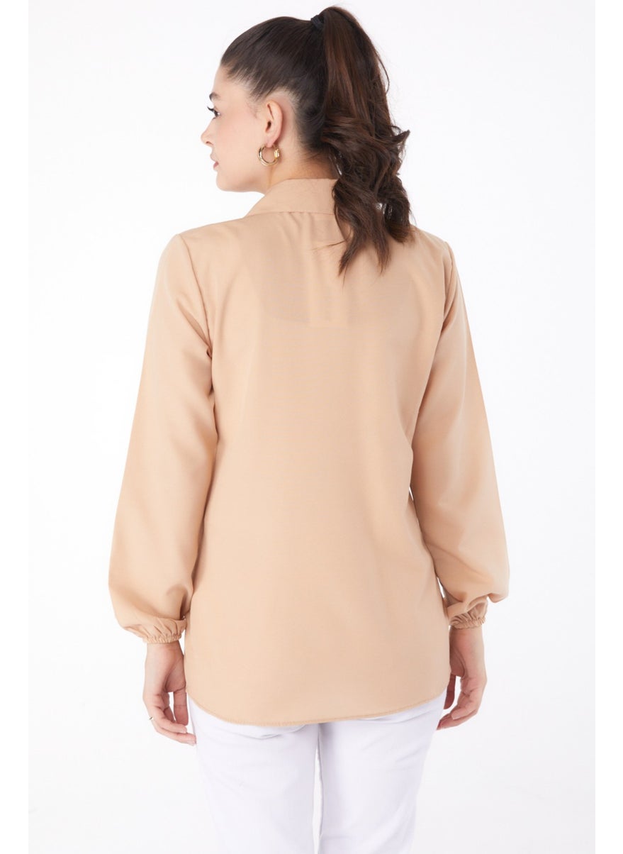 Plain Shirt Collar Women's Beige Shirt - 13249