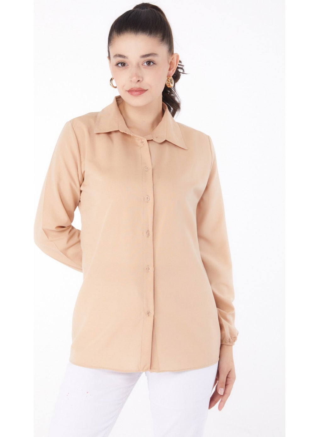 Plain Shirt Collar Women's Beige Shirt - 13249