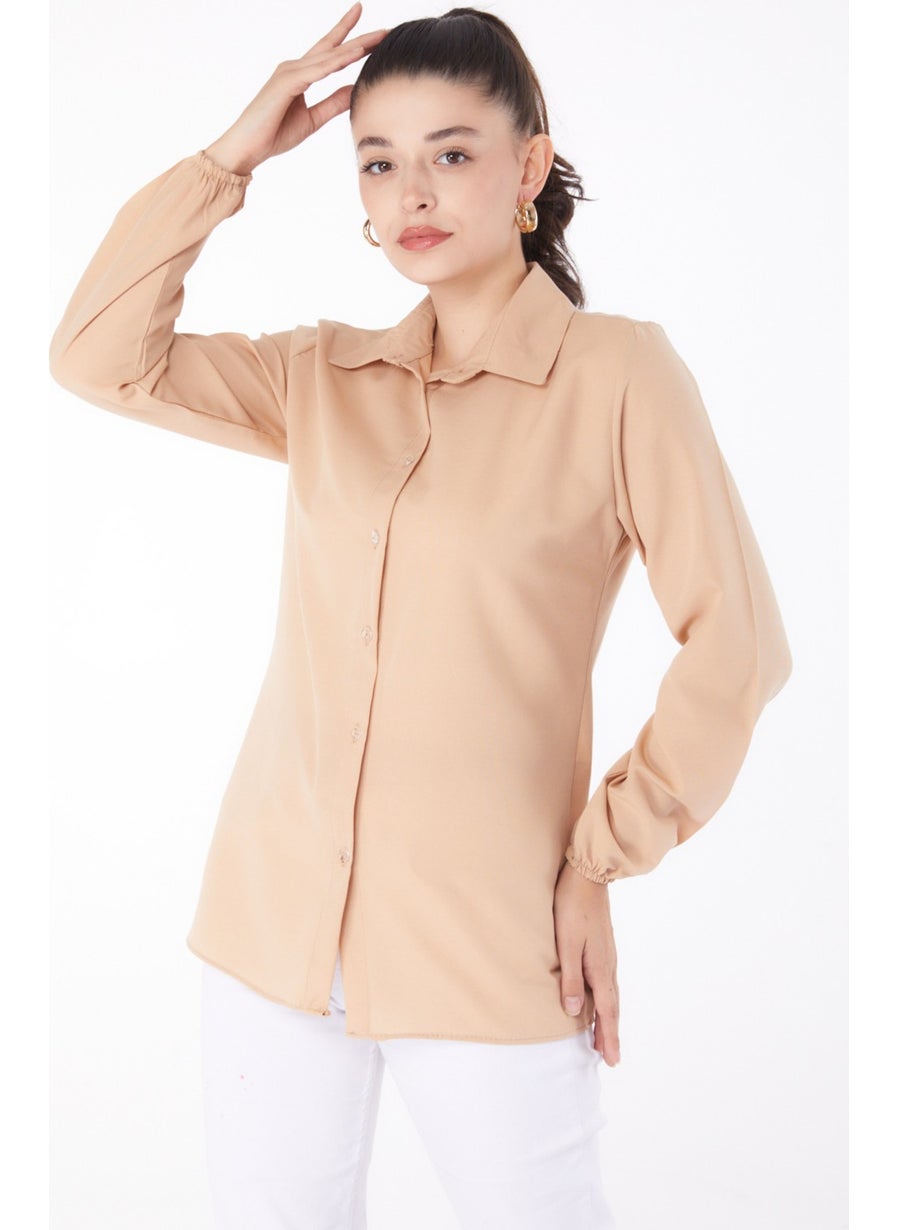 Plain Shirt Collar Women's Beige Shirt - 13249