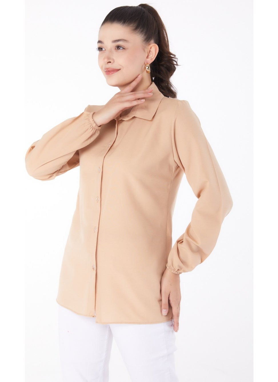 Plain Shirt Collar Women's Beige Shirt - 13249