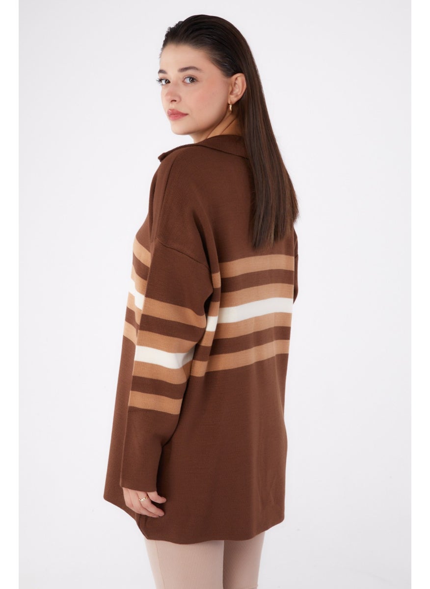 Plain Shirt Collar Women's Coffee Striped Knitwear Tunic - 26419